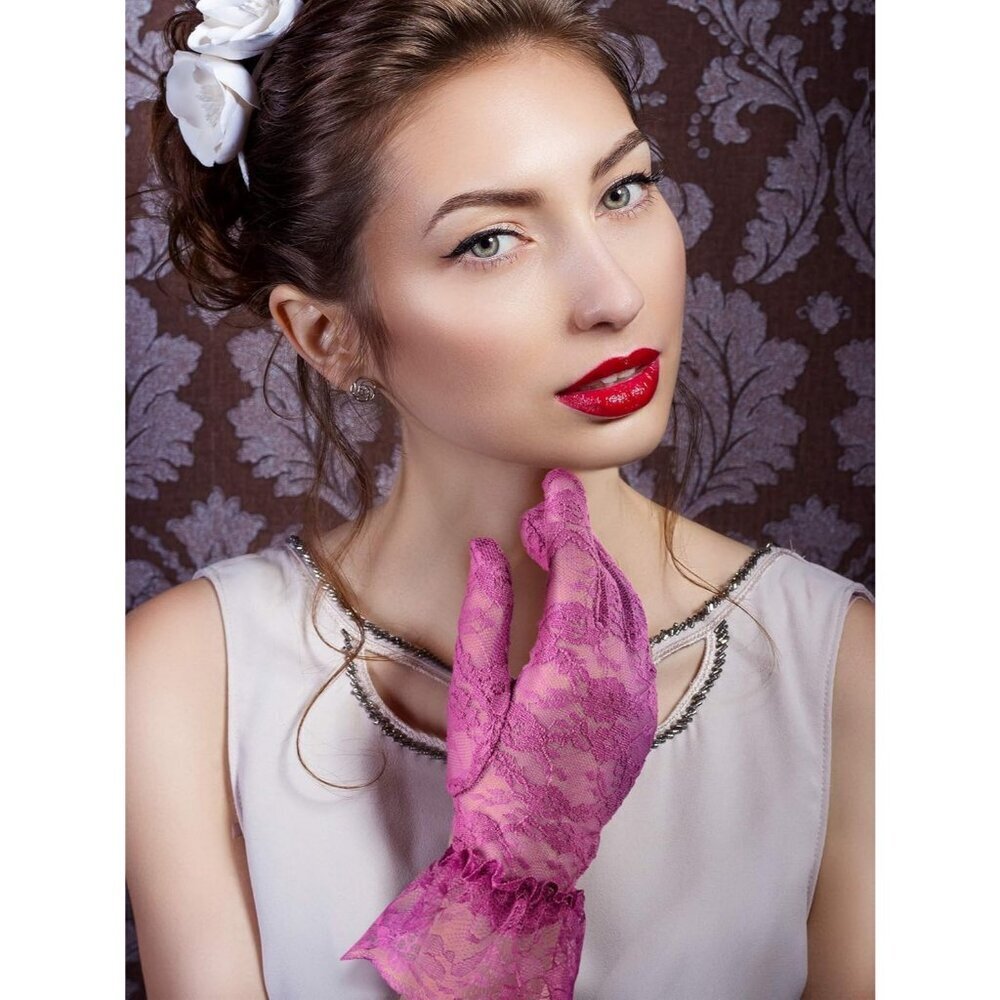 Women's Short Lace Courtesy Elegant Gloves Purple Wedding Dinner Opera Parties - Picture 6 of 6